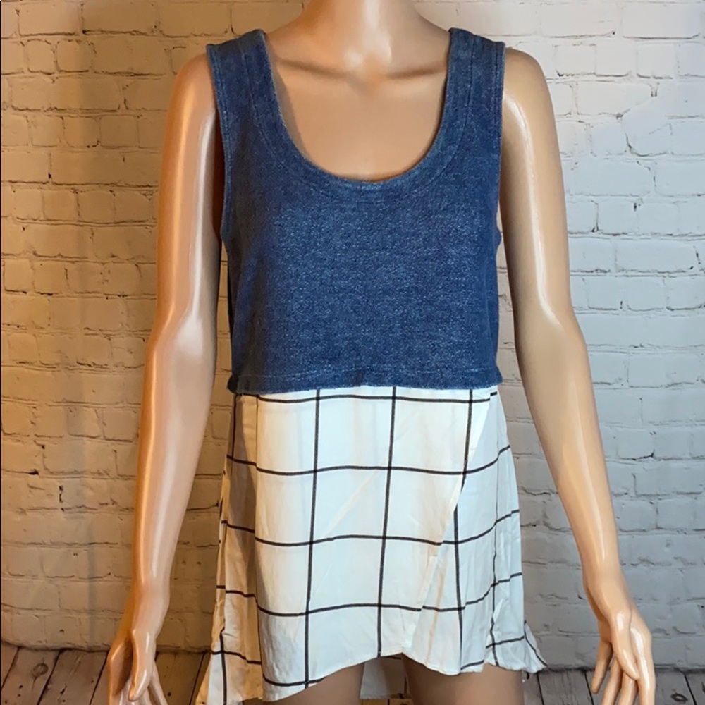 Deletta Anthropolgie BL Motif top NWT blue white & black plaid boho size small